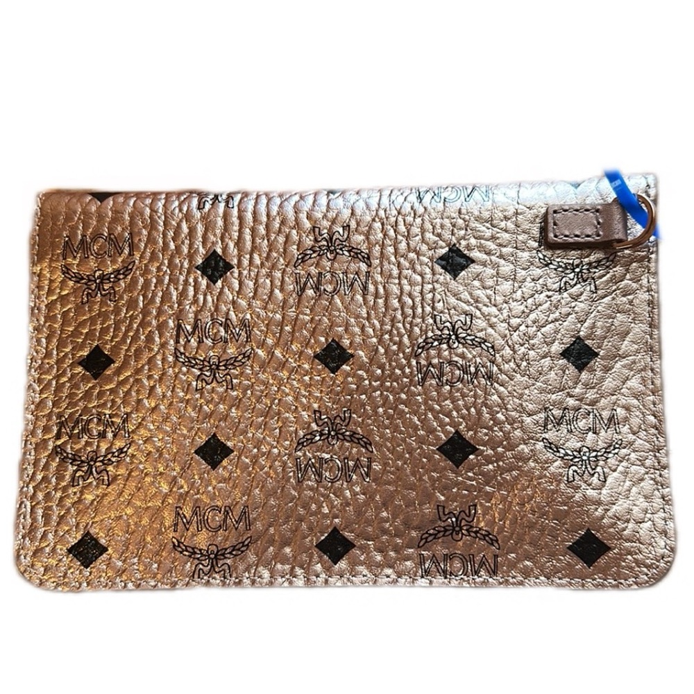 MCM Rose Gold Black Leather Envelope Wristlet Gold Hardware Authenticate Card - Picture 3 of 13